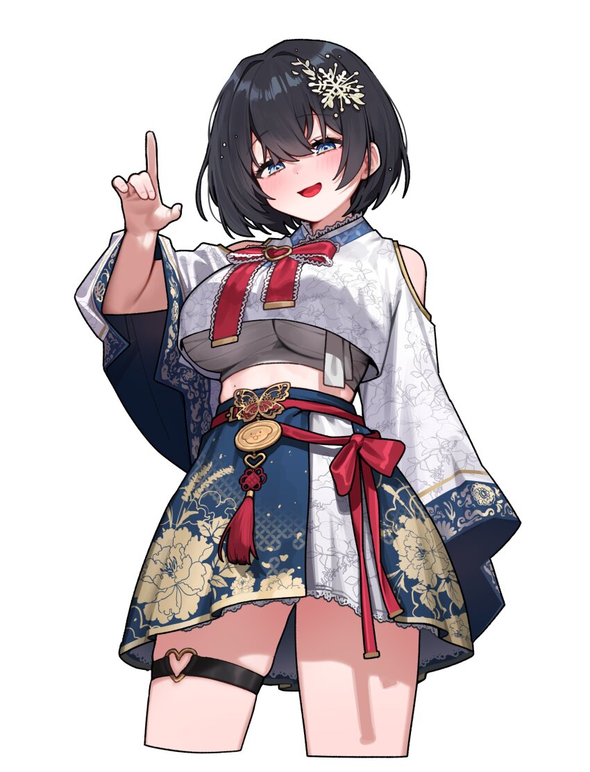 1girl absurdres alternate_hairstyle black_hair blue_eyes blue_skirt blunt_bangs blush bow breasts butterfly_brooch chest_sarashi clothing_cutout crop_top crop_top_overhang earrings floral_print flower_earrings grin hair_ornament hairclip handjob_gesture heart heart_o-ring highres jewelry korean_clothes lace lace-trimmed_shirt lace-trimmed_skirt lace_trim large_breasts long_sleeves looking_at_viewer midriff miniskirt o-ring o-ring_thigh_strap open_mouth red_bow red_sash sangobob sarashi sash shirayuki_hina shirt short_hair shoulder_cutout simple_background skindentation skirt smile solo stellive thigh_strap virtual_youtuber white_background wide_sleeves