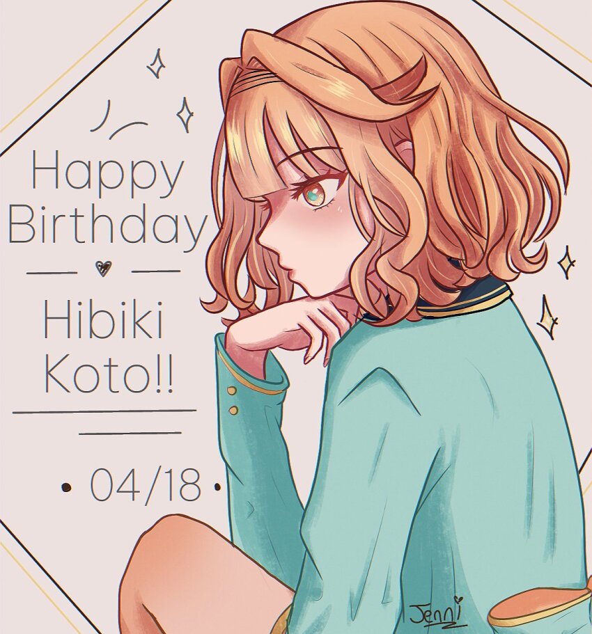 1girl aqua_jacket aqua_pupils artist_name character_name commentary english_commentary hair_intakes happy_birthday heart hibiki_koto hibiki_koto_(synthv) highres jacket jenn_0w0 medium_hair orange_eyes orange_hair profile solo synthesizer_v vocaloid