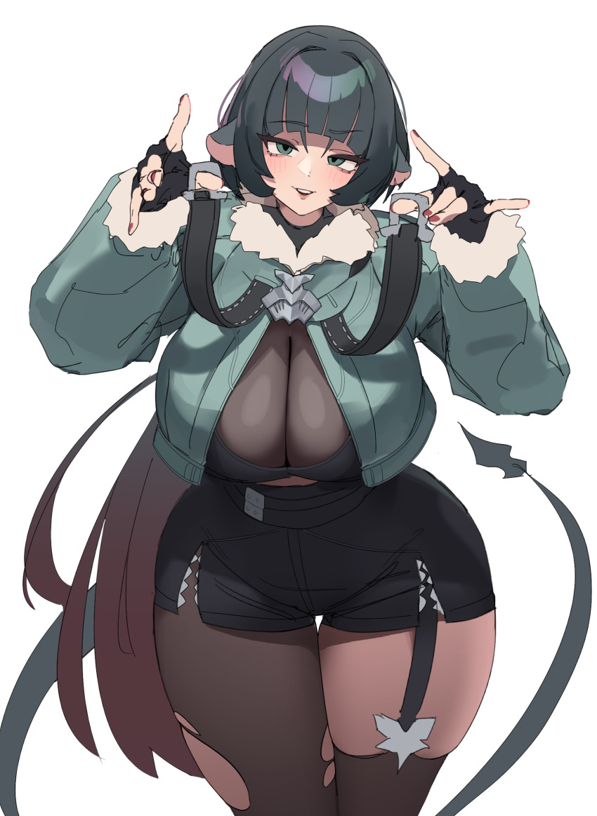 1girl absurdres black_gloves black_pantyhose black_shorts blunt_bangs breasts cowboy_shot fingernails fur-trimmed_jacket fur_trim gloves green_eyes green_hair green_jacket gya_rb highres huge_breasts jacket jane_doe_(zenless_zone_zero) long_hair looking_at_viewer multicolored_hair nail_polish pantyhose red_hair red_nails shorts sidelocks simple_background smile solo thick_thighs thighs white_background zenless_zone_zero