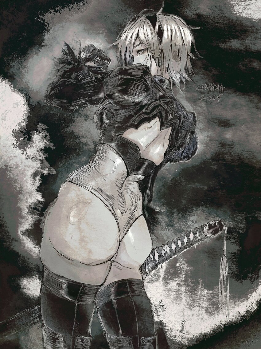 2025 2b_(nier:automata) absurdres artist_name ass back_cutout black_thighhighs clothing_cutout commentary english_commentary greyscale hairband highleg highleg_leotard highres holding holding_sword holding_weapon leotard linadia11 looking_at_another looking_at_viewer monochrome nier:automata nier_(series) skindentation standing sword sword_tassel tassel thighhighs weapon