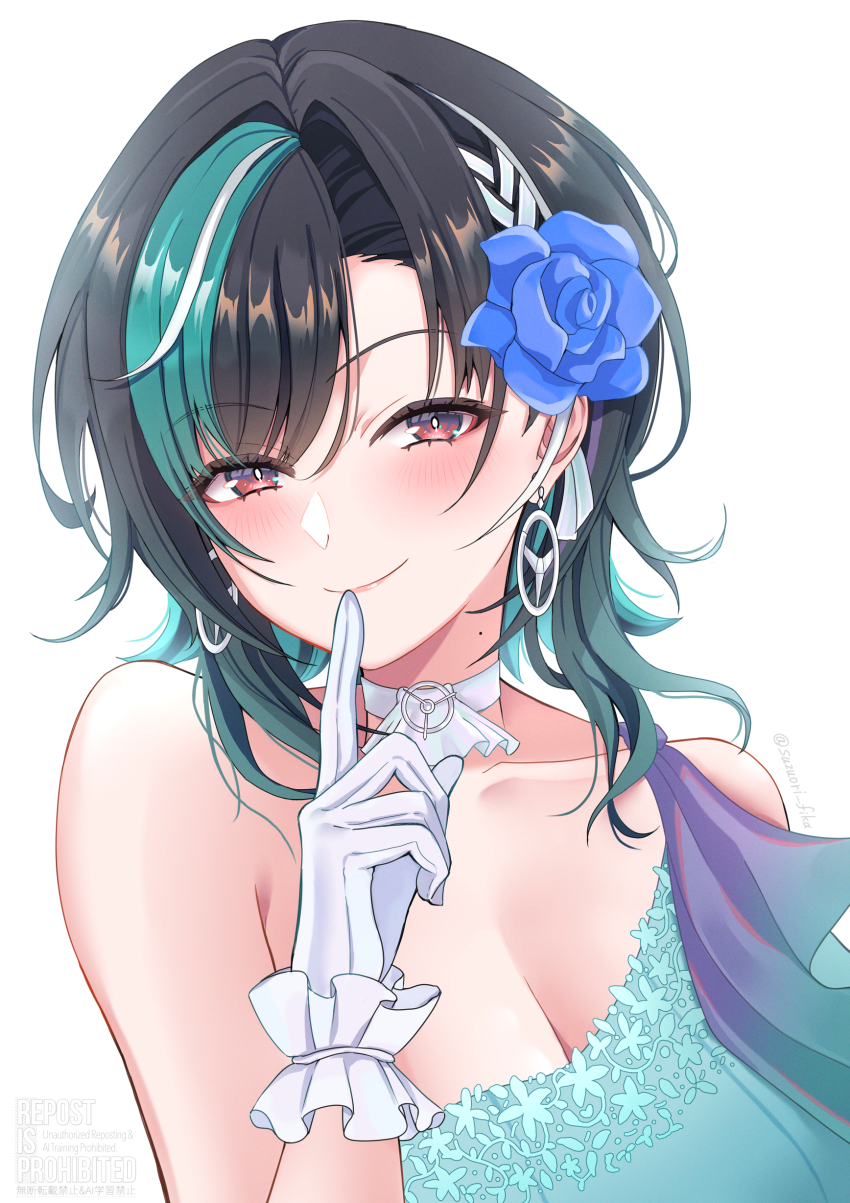 1girl absurdres black_hair blue_dress blue_flower blush breasts choker cleavage closed_mouth dress earrings flower gloves green_hair hair_flower hair_ornament highres hololive hololive_dev_is jewelry large_breasts multicolored_hair official_alternate_costume red_eyes rindo_chihaya smile solo streaked_hair suzuori_fika virtual_youtuber white_choker white_gloves white_hair