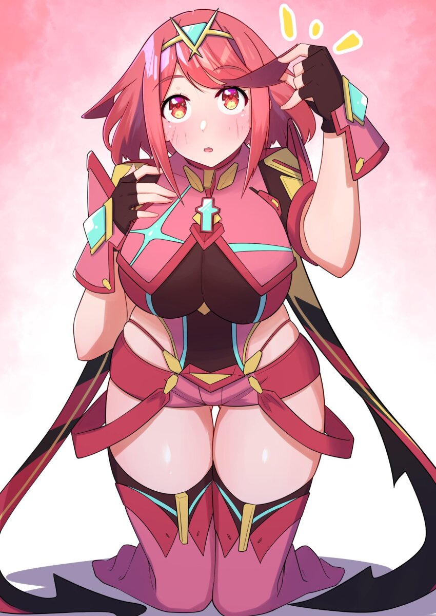 1girl adjusting_hair breasts chest_jewel core_crystal_(xenoblade) full_body highres hip_vent kneeling large_breasts osora_(judithandlilith) pink_background pyra_(xenoblade) red_eyes red_hair red_shorts short_hair shorts simple_background solo tiara xenoblade_chronicles_(series) xenoblade_chronicles_2