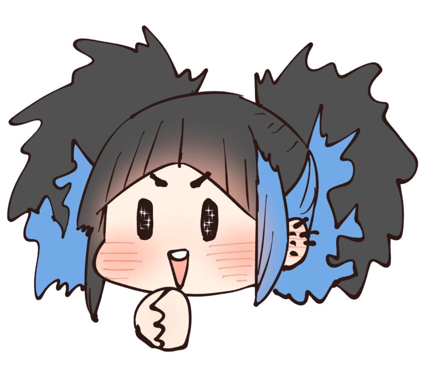 1girl black_hair blue_hair blush breasts chibi earrings jewelry long_hair looking_at_viewer multicolored_hair multiple_earrings oohara_satsuki open_mouth own_hands_together smile solo sparkling_eyes streaked_hair teeth teihen_no_daigaku_janaru triangle_mouth twintails upper_teeth_only white_background zyugoya