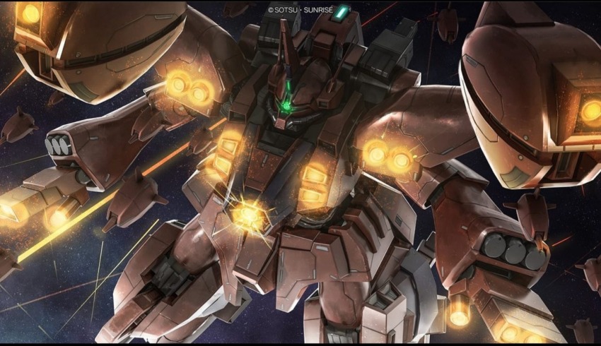 arm_cannon artist_request battle beam_cannon bit_(gundam) cannon chest_cannon copyright_logo energy_beam finger_cannon funnels_(gundam) geymalk glowing gundam gundam_battle_operation_2 gundam_zz machinery mecha mecha_focus missile missile_pod mobile_suit neo_zeon no_humans one-eyed radio_antenna realistic robot science_fiction space sunrise_(company) weapon