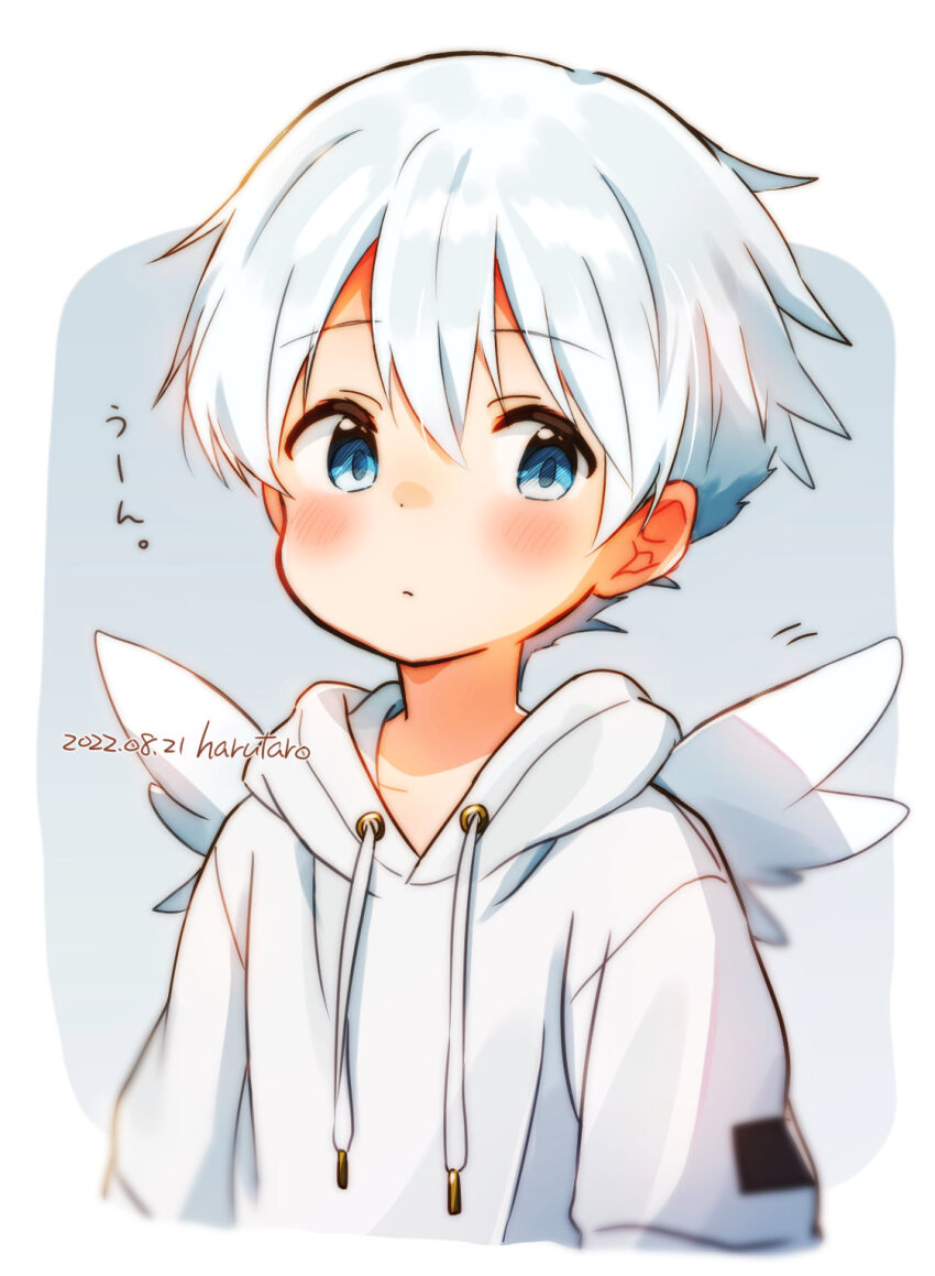 1boy artist_name blue_eyes blush child closed_mouth commentary_request cropped_torso dated dot_nose double-parted_bangs drawstring far_tarooo hair_between_eyes highres hood hood_down hoodie kuro_(far_tarooo) looking_to_the_side male_focus original short_hair sideways_glance solo translation_request white_hair white_hoodie white_theme white_wings wings