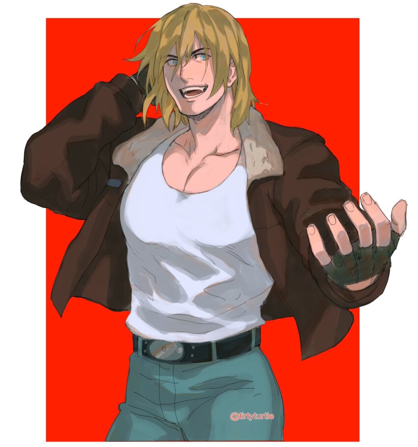 1boy belt blonde_hair blue_eyes fatal_fury fingerless_gloves fur_trim gloves highres jacket looking_at_viewer muscular muscular_male short_hair smile solo terry_bogard the_king_of_fighters tirtyturtle