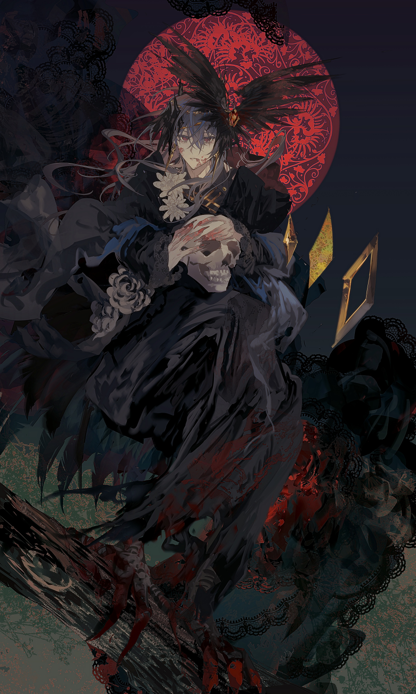 1boy absurdres animal_legs arknights black_hair blood blood_on_clothes blood_on_face blood_on_leg branch closed_mouth earrings fingernails flower grey_flower hair_between_eyes hair_ornament harpy_boy head_wings highres holding holding_skull jewelry logos_(arknights) long_fingernails long_hair long_sleeves looking_at_viewer monster_boy red_eyes red_nails ringein sharp_fingernails skull solo white_flower wings