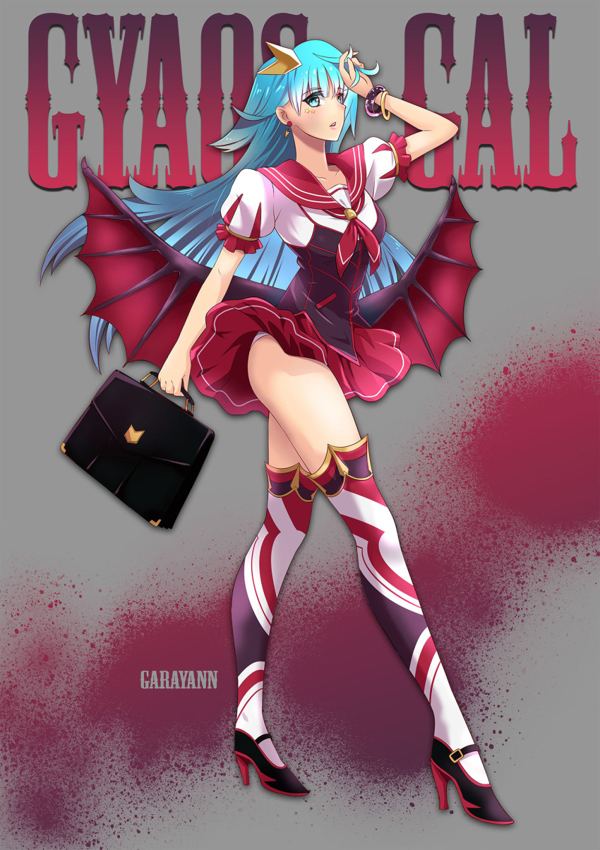 1girl adapted_costume ascot bad_id bad_pixiv_id bag bat_wings blue_eyes blue_hair bracelet clothes_lift cosplay daiei_motion_picture earrings female_focus gamera_(series) gamera_vs._gyaos garayann gradient_background gyaos gyaos_(cosplay) hair_ornament handbag high_heels highres jewelry long_hair looking_at_viewer low_wings matching_hair/eyes multicolored_legwear panties parted_lips personification school_uniform serafuku skirt skirt_lift solo star_(symbol) tucking_hair underwear white_panties wings