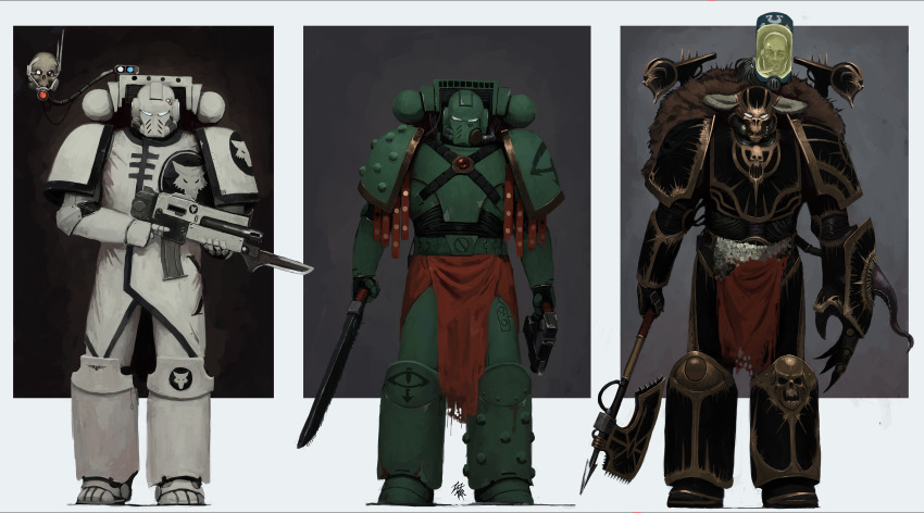 3boys absurdres adeptus_astartes armor axe bayonet black_armor black_legion breastplate cable chainsword chaos_(warhammer) chaos_space_marine chaos_undivided_(symbol) claw_(weapon) demon_horns eye_symbol eyes_of_horus_(warhammer_40k) fake_horns full_armor full_body greaves green_armor halberd helmet highres holding holding_axe holding_bolter holding_polearm holding_weapon horned_helmet horns imperial_aquila luna_wolves male_focus multiple_boys omega_symbol pauldrons pelt pelvic_curtain polearm power_armor progression red_ribbon ribbon roman_numeral servo-skull severed_head shoulder_armor signature simple_background skull skull_ornament sons_of_horus spiked_armor stasis_tank tank_(container) taz-mar tentacles tube two-handed ultramarines vambraces warhammer_40k weapon white_armor wolf_ornament
