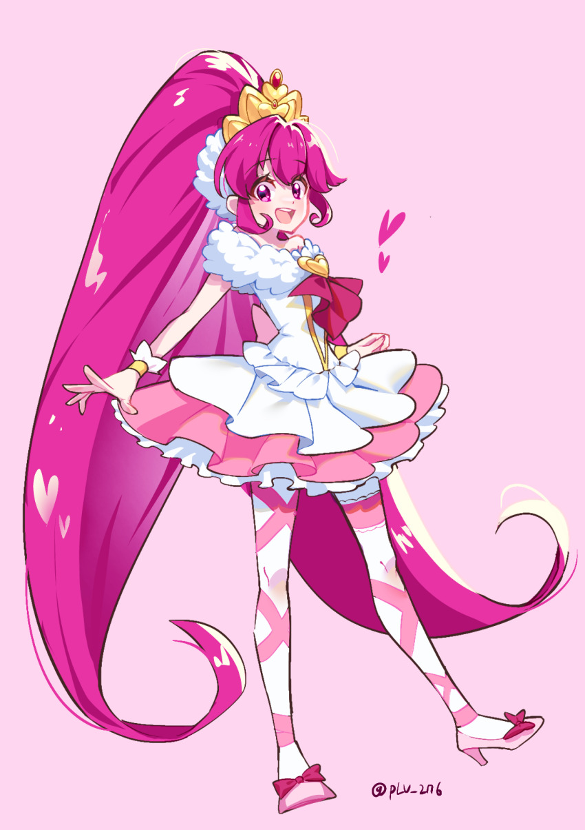 1girl :d aino_megumi bow brooch criss-cross_straps cure_lovely curly_sidelocks dot_nose footwear_bow full_body hair_ornament happinesscharge_precure! heart heart_brooch high_heels high_ponytail highres jewelry layered_skirt long_hair looking_at_viewer magical_girl open_mouth pink_bow pink_eyes pink_hair pink_ribbon pink_shoes pink_skirt pink_theme plv_276 ponytail precure ribbon shoes skirt smile solo standing standing_on_one_leg super_happiness_lovely thighlet twitter_username very_long_hair white_skirt white_wrist_cuffs wrist_cuffs