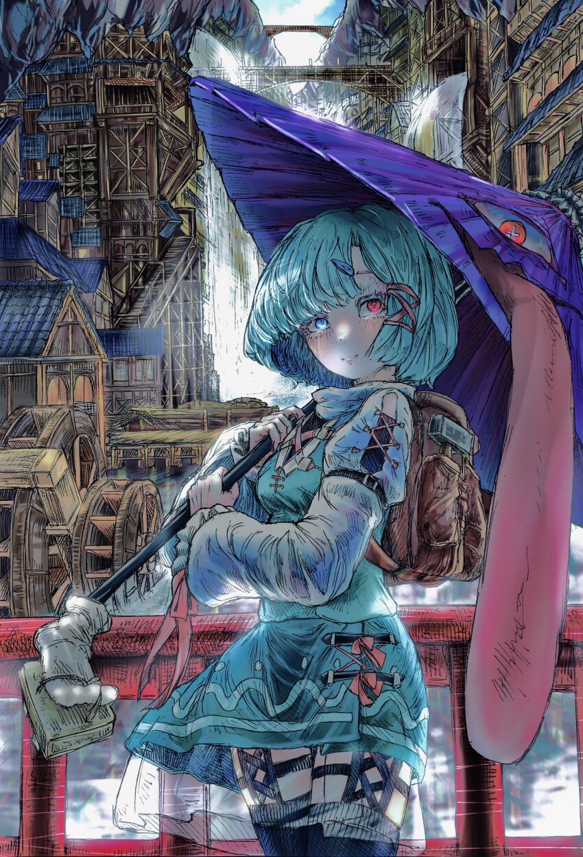 1girl arm_belt backpack bag blue_eyes blue_hair blue_shirt bridge brown_bag closed_mouth cloud cowboy_shot curtained_hair day garter_straps geta grey_thighhighs hair_ornament hairclip heterochromia highres holding holding_umbrella house karakasa_obake light_smile long_sleeves looking_at_viewer outdoors purple_umbrella railing red_eyes shirt short_hair sky solo symbol-shaped_pupils tabi tatara_kogasa thighhighs tongue touhou umaieokakitai umbrella water_wheel white_sleeves x-shaped_pupils