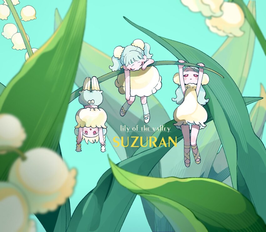 3girls arms_up bare_arms blonde_hair bloomers blue_background blue_bloomers blue_hair blue_socks bow bow_bloomers braid bun_cover closed_eyes closed_mouth double_bun dress english_text flower grass hair_bun hanging hanging_legs hashtag-only_commentary highres hlra_shine lily_of_the_valley medium_hair mini_person minigirl mixed-language_text multiple_girls navel original parted_lips personification puffy_dress red_eyes shoes sleeveless sleeveless_dress socks striped_clothes striped_thighhighs thighhighs triangle_mouth twintails underwear upside-down vertical-striped_clothes vertical-striped_thighhighs white_bow white_dress white_flower white_shoes