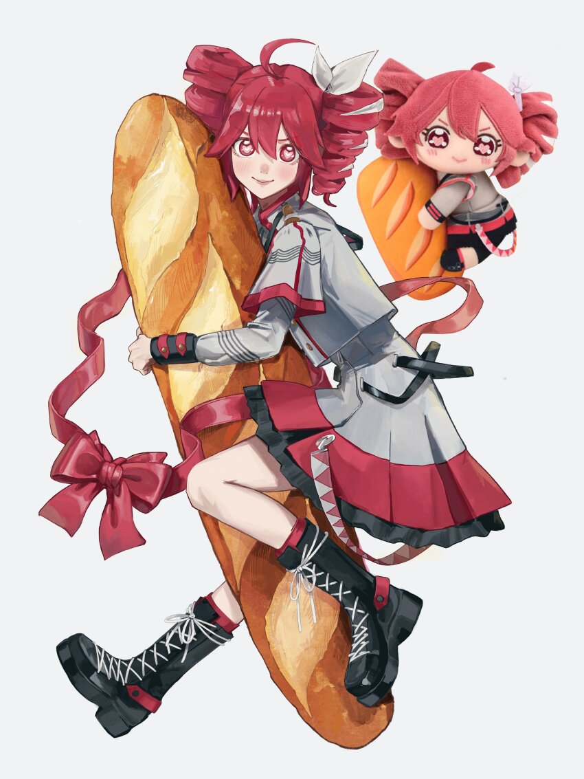 1girl absurdres ahoge belt black_belt black_boots black_sleeve_cuffs blush boots bow buttons closed_mouth drill_hair floating food from_side grey_background grey_jacket grey_skirt hair_between_eyes hair_bow hair_ribbon heart heart-shaped_pupils highres hugging_object jacket kasane_teto kasane_teto_(sv) kneehighs lace-up_boots layered_skirt layered_sleeves lips long_sleeves looking_at_viewer looking_to_the_side musical_staff musical_staff_print photo_inset platform_boots red_belt red_bow red_eyes red_hair red_ribbon red_skirt red_trim reference_inset ribbon shoelaces shoulder_belt shoulder_boards skirt skirt_set smile socks striped_clothes striped_jacket symbol-shaped_pupils synthesizer_v twin_drills ushiwaka utau white_bow white_ribbon