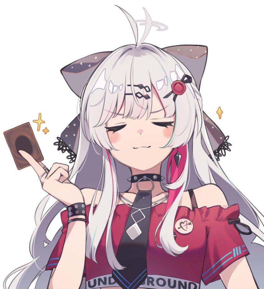 1girl afterimage ahoge ahoge_wag bare_shoulders between_fingers black_choker black_necktie blush_stickers bow breasts card choker closed_eyes closed_mouth clothes_writing collarbone commentary_request expressive_hair facing_viewer grey_bow grey_hair hair_bow hair_intakes hand_up highres holding holding_card ishigami_nozomi ishigami_nozomi_(1st_costume) long_hair multicolored_hair natsuki_teru necktie nijisanji off-shoulder_shirt off_shoulder red_hair red_shirt shirt short_sleeves simple_background small_breasts solo sparkle spiked_choker spikes streaked_hair v-shaped_eyebrows very_long_hair virtual_youtuber white_background