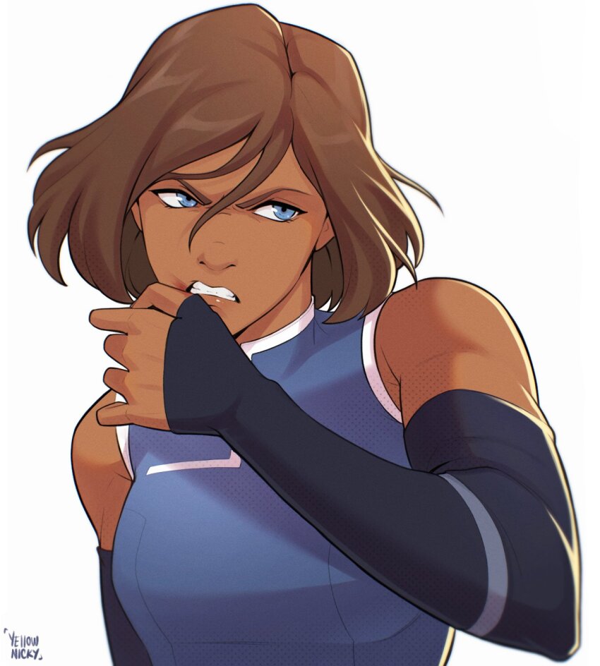 1girl angry avatar_legends bare_shoulders black_gloves blue_eyes blue_shirt brown_hair dark-skinned_female dark_skin gloves hair_between_eyes highres korra muscular muscular_female shirt short_hair simple_background solo teeth the_legend_of_korra toned toned_female white_background yellow_nicky