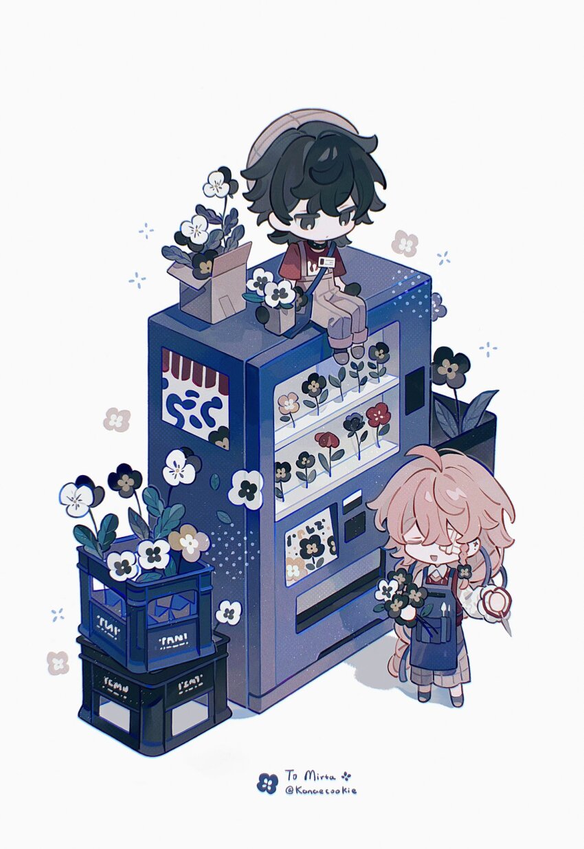 1boy 1girl :d ahoge apron black_eyes black_hair black_shoes blue_apron braid brown_hair brown_pants chibi chibi_only closed_eyes closed_mouth collared_shirt flower full_body hair_between_eyes highres holding holding_flower kanae_(cookie) long_hair long_sleeves open_mouth original pants red_shirt red_vest shirt shoes short_hair short_sleeves simple_background single_braid sitting smile standing suspenders twitter_username vest white_background white_shirt