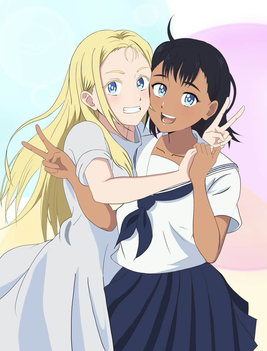 2girls :d absurdres asada_azarashi black_hair blonde_hair blue_eyes dark-skinned_female dark_skin dress highres holding_hands kofune_mio kofune_ushio medium_hair multiple_girls neckerchief open_mouth school_uniform short_sleeves siblings sisters smile summertime_render v