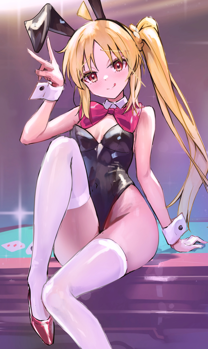 1girl absurdres ahoge animal_ear_hairband animal_ears black_leotard blonde_hair bocchi_the_rock! bow bowtie detached_ahoge detached_collar fake_animal_ears feet_out_of_frame hairband highres ijichi_nijika large_bow leotard long_hair playboy_bunny rabbit_ears red_bow red_bowtie red_shoes shoes side_ponytail solo strapless strapless_leotard table thighhighs v white_thighhighs wrist_cuffs yuye