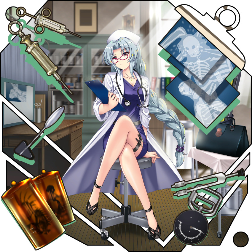 1girl alternate_costume bag bespectacled black_shoes blurry blurry_background book breasts brown_eyes cleavage clipboard closed_mouth coat collarbone contemporary crossed_legs dress full_body game_cg glasses grey_hair hat highres holding holding_clipboard indoors jewelry lab_coat legs light_rays long_hair long_sleeves looking_at_viewer nurse nurse_cap official_art open_clothes open_coat pendant purple_dress rabbit red-framed_eyewear reisen_udongein_inaba rotte_(1109) shoes silhouette sitting smile solo spoon stethoscope syringe thigh_strap third-party_source touhou touhou_lostword transparent_background very_long_hair white_coat white_hat x-ray yagokoro_eirin yagokoro_eirin_(genius_doctor_in_the_bamboo_forest)