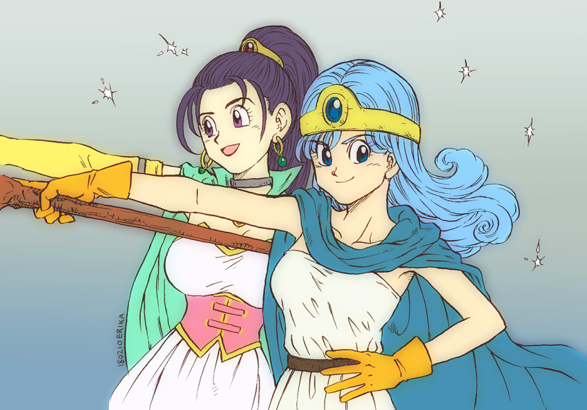 2girls artist_name blue_eyes blue_hair breasts cape choker circlet corset dated dragon_quest dragon_quest_iii dragon_quest_xi dress earrings gloves gradient_background hand_on_own_hip jewelry medium_breasts multiple_girls open_mouth ponytail purple_eyes purple_hair sage_(dq3) senica_(dq11) shinobibe_himika signature smile strapless strapless_dress white_dress yellow_gloves