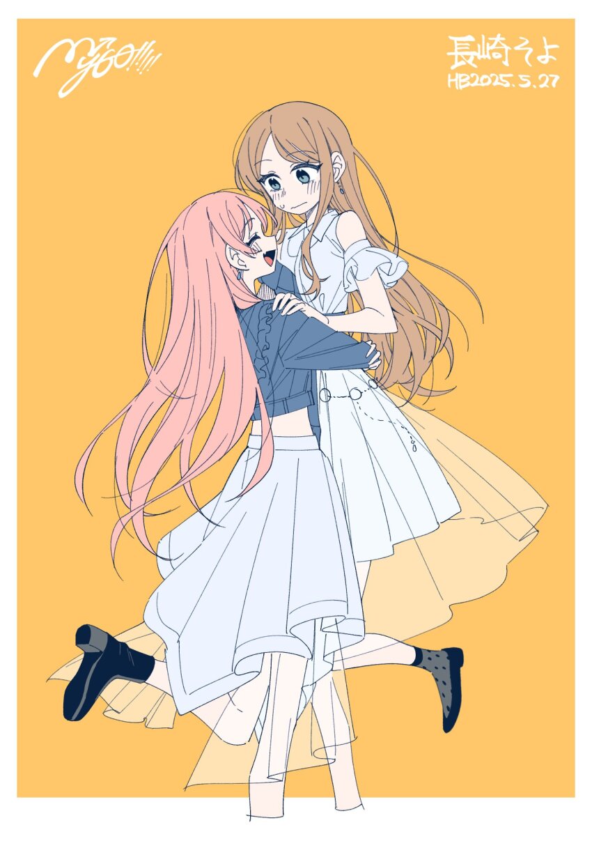 2girls bang_dream! bang_dream!_it&#039;s_mygo!!!!! blue_jacket blush border carrying carrying_person character_name chihaya_anon closed_eyes closed_mouth commentary cropped_jacket dated dress earrings fang grey_hair happy_birthday hashtag-only_commentary highres hug jacket jewelry multiple_girls mygo!!!!!_logo_(bang_dream!) nagasaki_soyo neonfloyd open_mouth short_sleeves simple_background skin_fang skirt sweatdrop white_border white_dress white_skirt yellow_background yuri