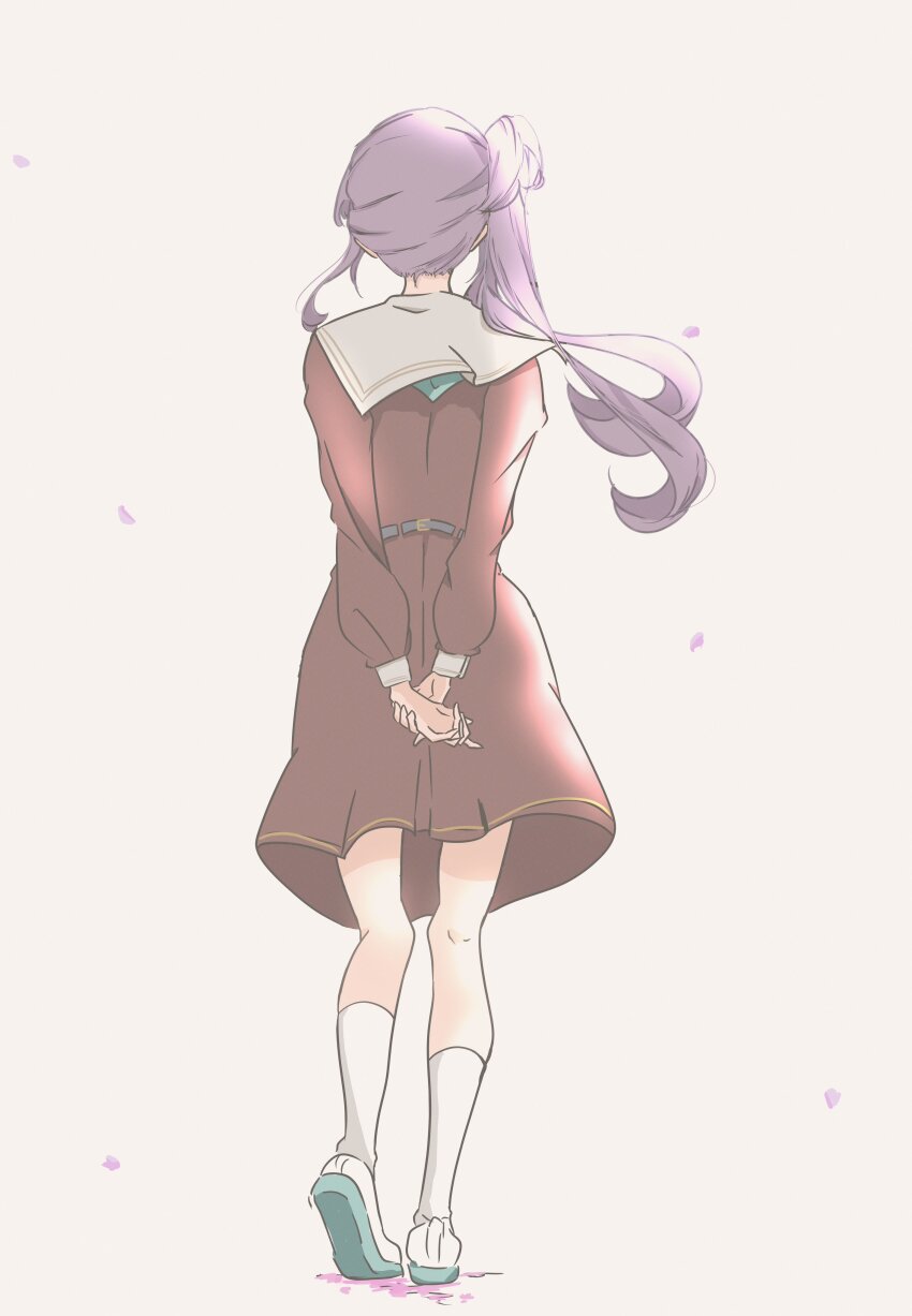 1girl absurdres aqua_neckerchief aqua_shoes arms_behind_back brown_dress commentary dress from_behind hasu_no_sora_school_uniform highres holding_own_wrist kneehighs link!_like!_love_live! long_hair long_sleeves love_live! medium_dress neckerchief otomune_kozue pleated_dress purple_hair rere_88rere sailor_collar sailor_dress school_uniform shoes side_ponytail sidelocks simple_background socks solo standing uwabaki virtual_youtuber walking walking_away white_background white_sailor_collar white_socks winter_uniform