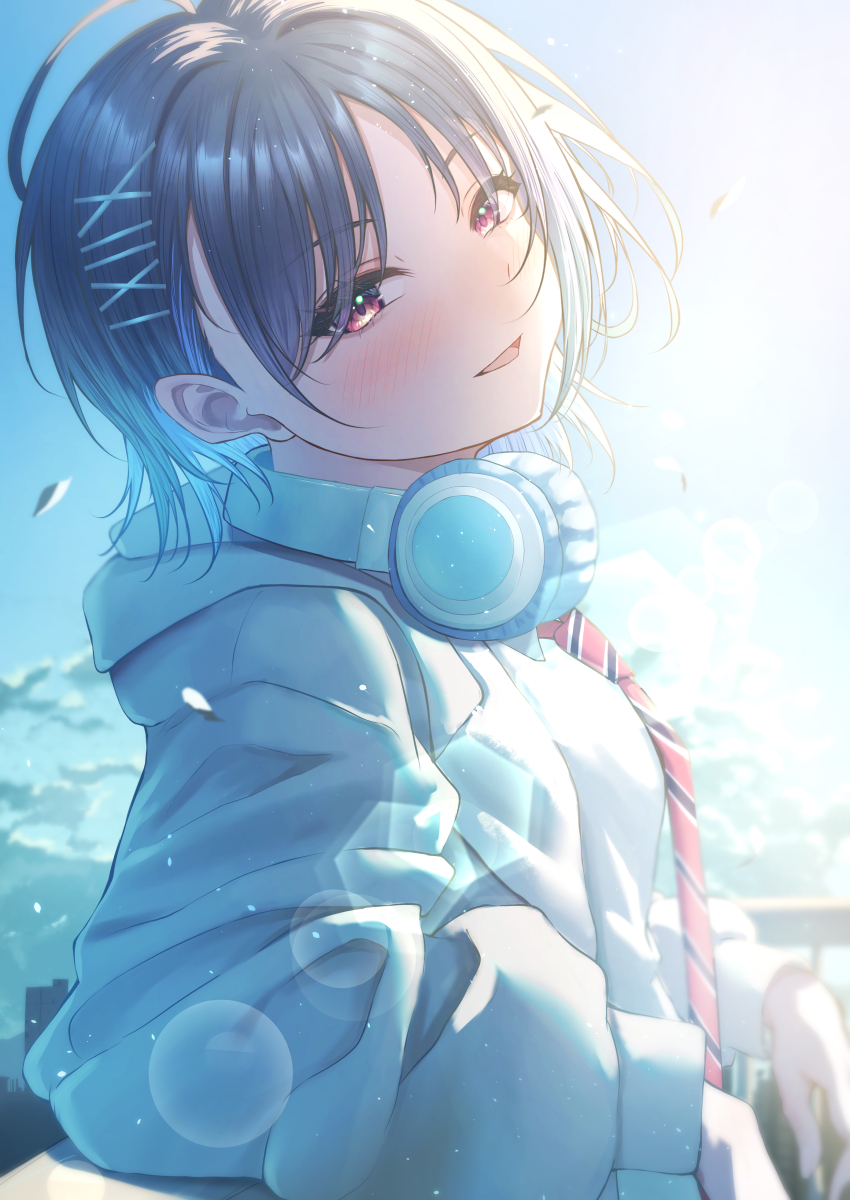 1girl absurdres ahoge black_hair blush diagonal-striped_clothes diagonal-striped_necktie gakuen_idolmaster hair_ornament hairclip headphones headphones_around_neck highres idolmaster looking_at_viewer looking_to_the_side mashiro_yu misanga_(hxjd5354) necktie petals red_eyes shirt short_hair solo striped_clothes upper_body white_shirt
