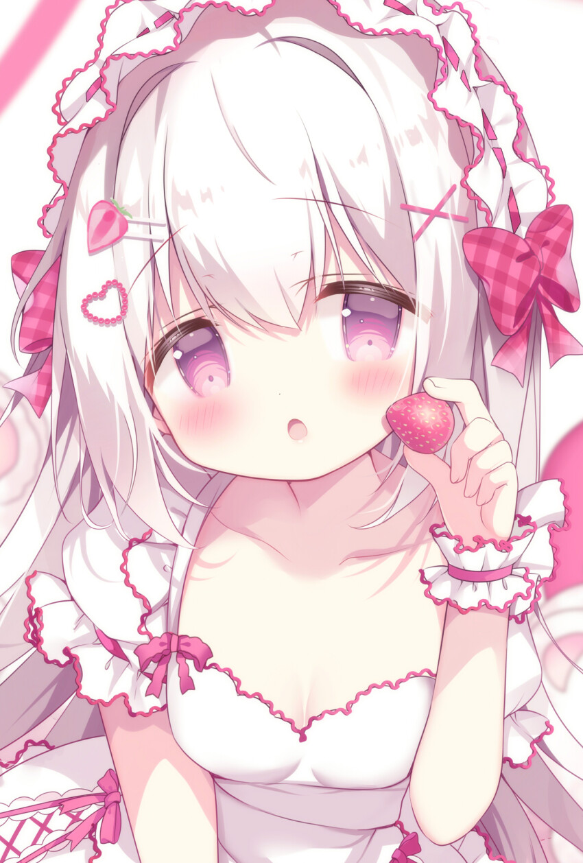1girl :o azumi_kazuki blush bow breasts collarbone commentary_request dress food food-themed_hair_ornament fruit hair_between_eyes hair_intakes hair_ornament hairclip hand_up highres holding holding_food looking_at_viewer open_mouth original pink_bow plaid_bow puffy_short_sleeves puffy_sleeves purple_eyes ribbon_trim short_sleeves small_breasts solo strawberry strawberry_hair_ornament unfinished white_dress white_hair wrist_cuffs x_hair_ornament
