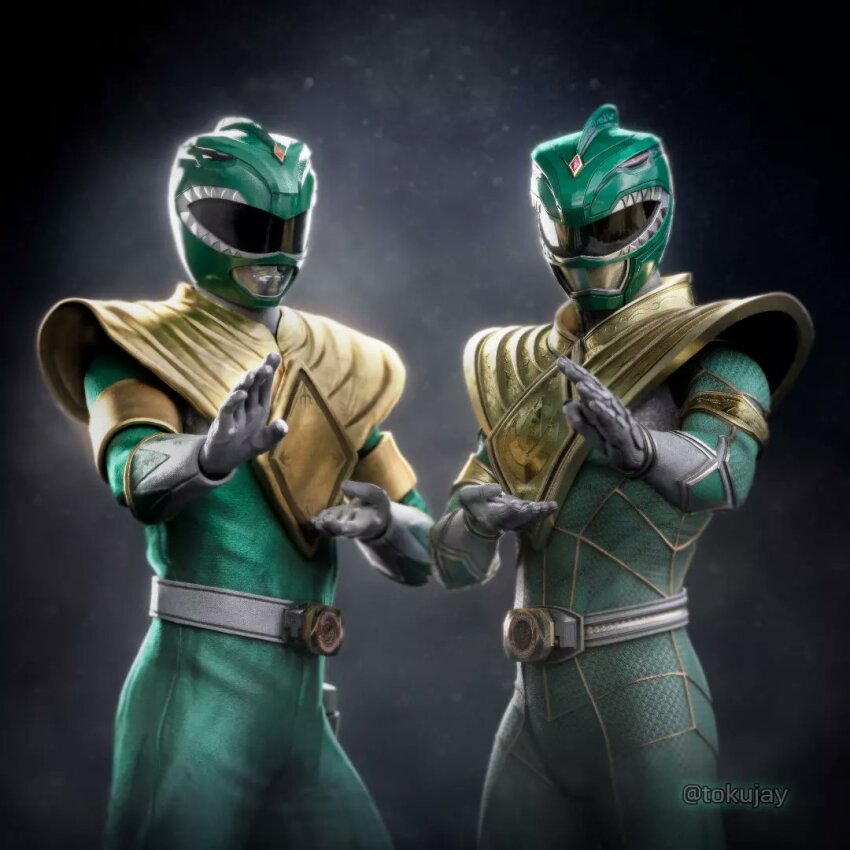 1boy arm_guards armor belt bodysuit dino_buckler dragon_ranger gloves gold_armor gold_trim green_bodysuit helmet male_focus mighty_morphin_green_ranger mighty_morphin_power_rangers mighty_morphin_power_rangers:_once_&amp;_always power_rangers time_paradox tokujay tokusatsu tommy_oliver weapon