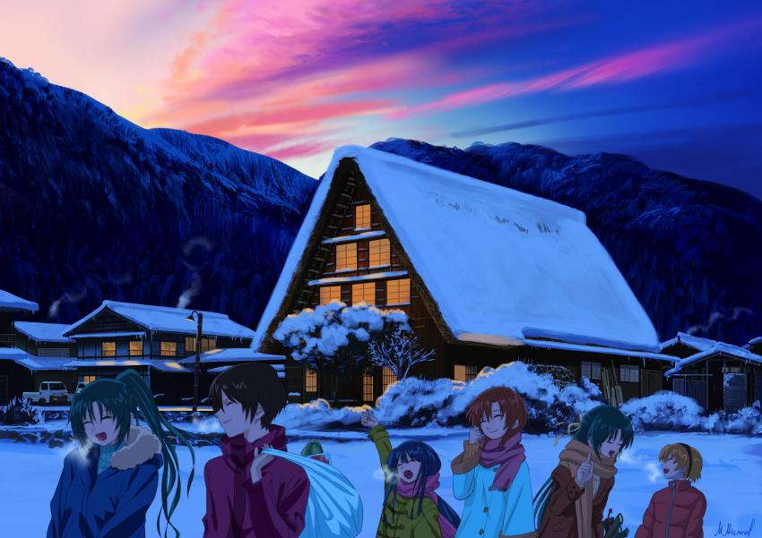 1boy 5girls arm_up bag blonde_hair blue_jacket blue_theme brown_hair brown_jacket brown_scarf brown_sweater building carrying_over_shoulder clenched_hand closed_eyes coat down_jacket duffel_coat everyone food fur-trimmed_hood fur_trim furude_rika gable_roof green_hair grey_sweater grin hair_ribbon head_tilt high_ponytail highres higurashi_no_naku_koro_ni hood houjou_satoko house icicle jacket kei_truck lamppost leaning_forward long_hair mac_naut maebara_keiichi morning motor_vehicle mountain mountainous_horizon multiple_girls napa_cabbage open_mouth outdoors parted_bangs pickup_truck pink_clouds pink_scarf plastic_bag plastic_wrap pointing pointing_up ponytail purple_clouds purple_jacket red_jacket ribbon ryuuguu_rena scarf scenery short_hair sidelocks signature smile snow snow_on_tree sonozaki_mion sonozaki_shion steam steam_from_mouth sunrise sweater talking truck turtleneck turtleneck_sweater very_long_hair white_coat window winter winter_clothes winter_coat yellow_coat yellow_ribbon