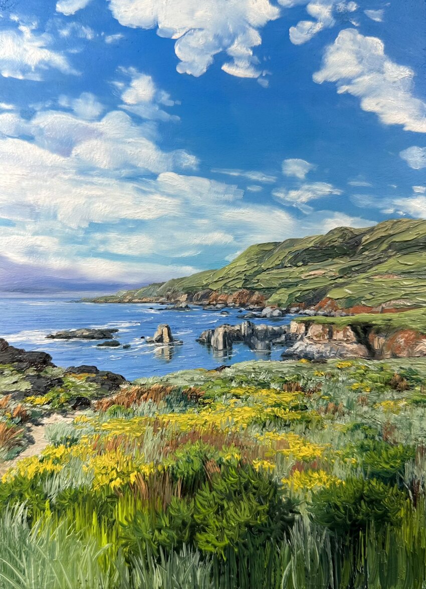 blue_sky california cloud cloudy_sky commentary day english_commentary flower grass highres kate_avery no_humans ocean oil_painting_(medium) original outdoors painting_(medium) real_world_location scenery shore sky traditional_media water yellow_flower