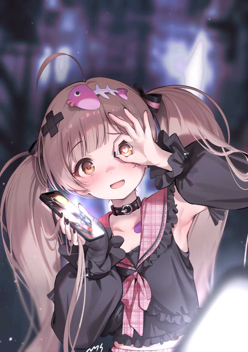 1girl :d absurdres ahoge armpits black_bow black_collar black_nails black_shirt black_sleeves blurry blurry_background bow brown_eyes brown_hair cellphone collar detached_sleeves dot_nose fish_hair_ornament frilled_shirt frilled_sleeves frills hair_bow hair_ornament hakozaki_serika hakozaki_serika_(everyone_is_special) hands_up heart heart-shaped_pupils highres holding holding_phone idolmaster idolmaster_million_live! jirai_kei leaning_to_the_side long_hair long_sleeves looking_at_viewer midriff mismatched_pupils neckerchief nys official_alternate_costume ok_sign ok_sign_over_eye open_mouth phone pink_neckerchief pink_sailor_collar plaid_clothes plaid_neckerchief plaid_sailor_collar raised_eyebrow sailor_collar shirt sleeveless sleeveless_shirt smartphone smile solo straight_hair symbol-shaped_pupils twintails upper_body x_hair_ornament