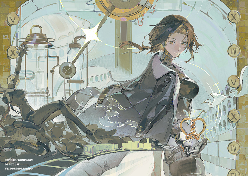1girl android blue_background breasts brown_hair coat coat_on_shoulders floating_hair from_side grey_coat highres hofmann_knot joints locomotive looking_at_hand looking_down low_ponytail lucy_(reverse:1999) medium_breasts medium_hair metal_skin mole mole_under_mouth ponytail railroad_tracks reverse:1999 robot_girl robot_joints roman_numeral solo sorashido sparkle steam_locomotive train turning_head upper_body yellow_eyes