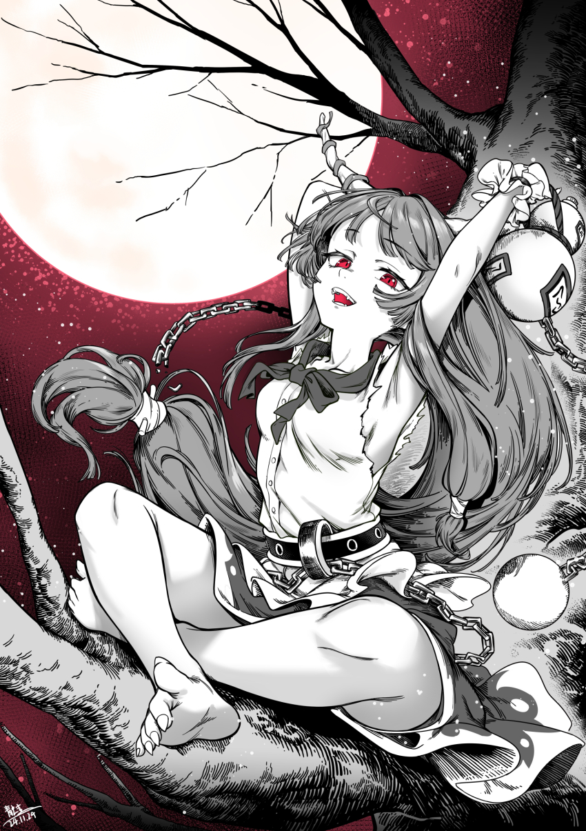 1girl arm_behind_head armpits arms_up barefoot bow breasts chain chinese_commentary commentary_request fangs feet full_moon gourd highres horns ibuki_suika in_tree indian_style long_hair looking_at_viewer low-tied_long_hair moon open_mouth orb partially_colored qingwa_chi_she red_eyes shirt signature sitting sitting_in_tree skirt sleeveless sleeveless_shirt small_breasts torn_clothes touhou tree very_long_hair wrist_cuffs