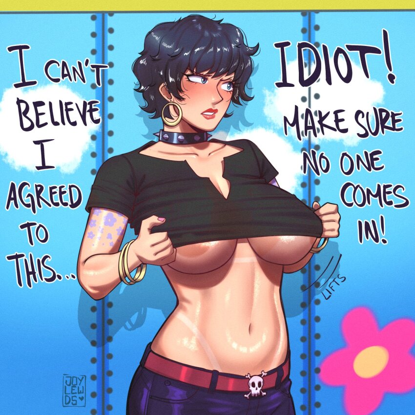 areola_slip breasts clothes_lift doll_(one_piece) highres huge_breasts joylewds large_breasts one_piece shirt_lift tagme tan tanline