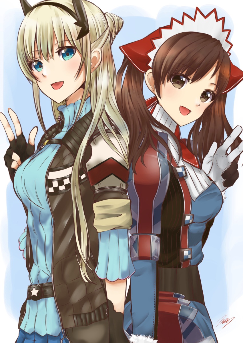 2girls absurdres alicia_melchiott blonde_hair blue_eyes blush brown_eyes brown_hair gloves headdress highres jacket long_hair looking_at_viewer mar0maru military military_uniform multiple_girls open_mouth pantyhose pleated_skirt reiley_miller ribbed_sweater senjou_no_valkyria senjou_no_valkyria_(series) senjou_no_valkyria_1 senjou_no_valkyria_4 simple_background skirt smile sweater twintails white_background