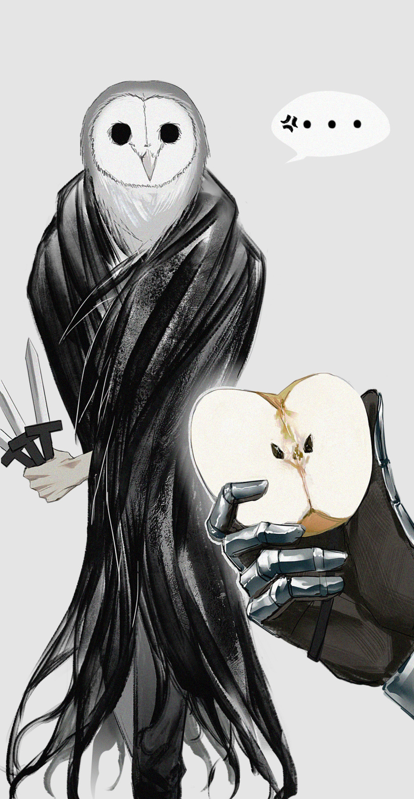 ... 2boys anger_vein apple black_cape black_pants black_souls black_souls_2 cape dagger empty_eyes food fruit full_body grimm_(black_souls) highres holding holding_dagger holding_knife holding_weapon knife looking_at_viewer lorde_(black_souls) multiple_boys pants pov pov_hands simple_background sio2_(whynotkarma) spoken_anger_vein spoken_ellipsis weapon white_background
