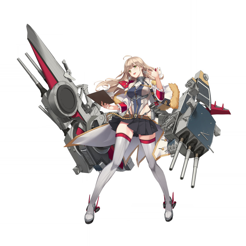 1girl aiguillette anchor black_skirt blonde_hair boots breasts cannon chain clipboard covered_navel earrings emblem frilled_cuffs full_body grey_thighhighs harpoon_missile highres holding holding_pen jacket jewelry large_breasts long_hair looking_at_viewer machinery military_jacket miniskirt missouri_(warship_girls_r) official_art paper pen pleated_skirt rigging rocket_launcher ship_turret skirt smile solo standing star_(symbol) star_earrings teeth thigh_boots thighhighs tomahawk_missile transparent_background warship_girls_r weapon white_jacket zi_se