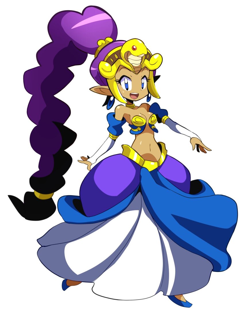 1girl bare_shoulders blue_eyes bra breasts dark-skinned_female dark_skin dress earrings highres jewelry long_hair multi-tied_hair pointy_ears purple_hair sakurajyousui_nami shantae shantae_(series) small_breasts teeth underwear upper_teeth_only very_long_hair