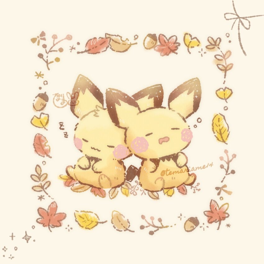 acorn animal_focus autumn_leaves blush_stickers brown_background closed_mouth commentary_request drooling full_body gen_2_pokemon ginkgo_tree highres leaf maple_leaf mouth_drool nintendo no_humans open_mouth pichu pokemon pokemon_(creature) sleeping squeans temariame14