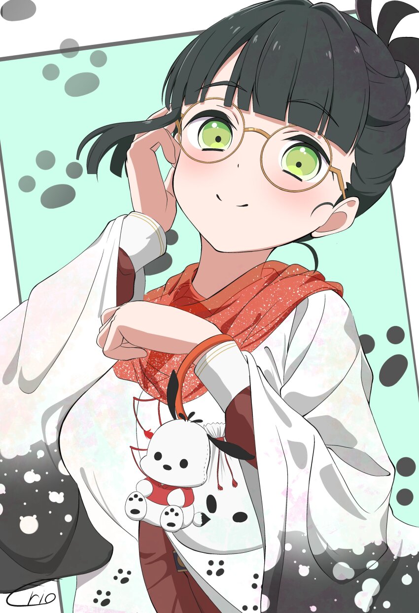 1girl absurdres bespectacled black_hair blush border breasts brown-framed_eyewear character_charm charm_(object) closed_mouth commentary_request glasses green_eyes grey_background hasu_no_sora_school_uniform highres jacket large_breasts link!_like!_love_live! lone_nape_hair long_sleeves looking_at_viewer love_live! momose_ginko morio_(mmorio_mu) official_alternate_costume outside_border pochacco round_eyewear sanrio school_uniform short_hair signature simple_background single_sidelock smile solo split_mouth upper_body virtual_youtuber white_border white_jacket wide_sleeves winter_uniform