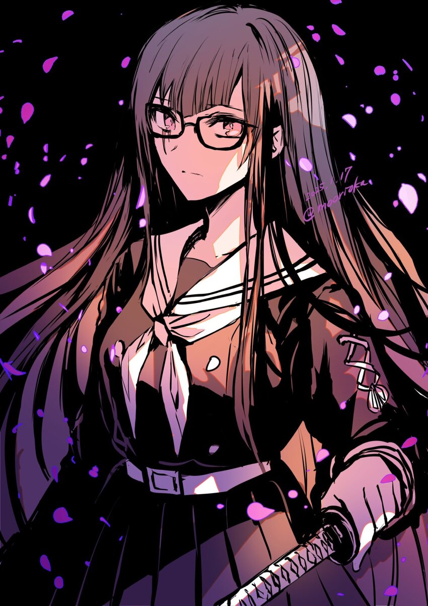 1girl belt black_hair black_shirt black_skirt breasts collarbone falling_petals fate/grand_order fate_(series) glasses highres kurohime_(fate) long_hair looking_at_viewer medium_breasts petals pink_eyes rioka_(southern_blue_sky) sailor_collar shirt skirt solo sword twitter_username weapon white_sailor_collar