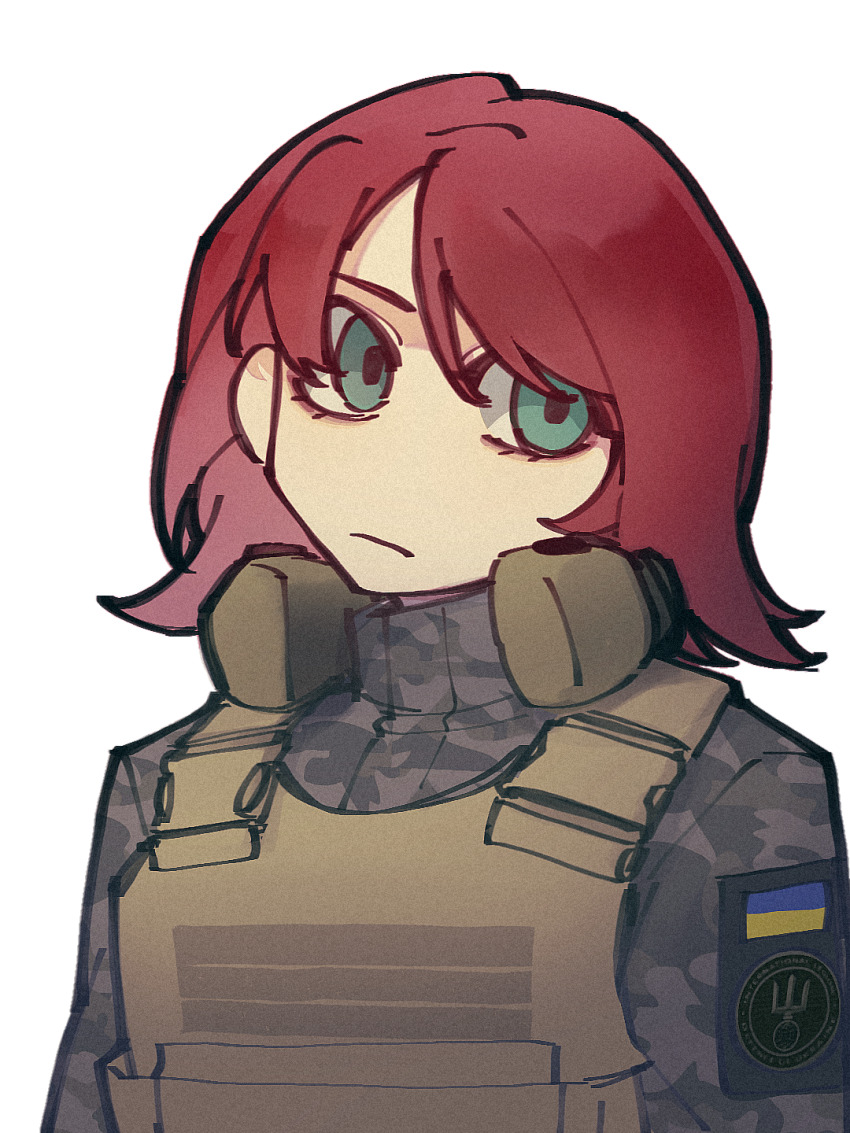 1boy 2024 androgynous armor bad_source badge bulletproof_vest camouflage chen_feng_(slbdofcl) green_eyes highres international_legion_of_ukraine kenneth_del_duca military military_combat_uniform military_uniform original otaman_(mariverse) portrait red_hair soldier transparent_background ukraine ukrainian_flag ukrainian_text upper_body war
