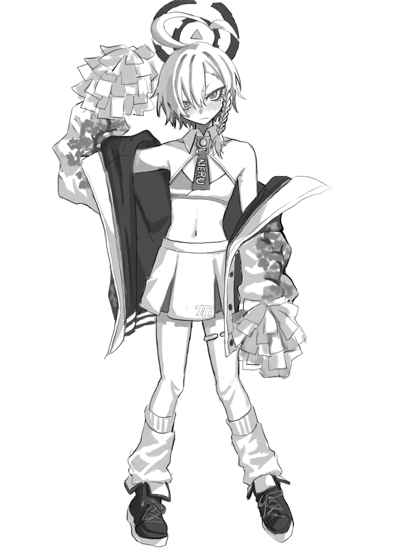 1girl ahoge alternate_costume armpits blue_archive blush braid commentary_request flat_chest full_body greyscale halo highres holding holding_pom_poms jacket jacket_partially_removed looking_at_viewer loose_socks midriff millennium_cheerleader_outfit_(blue_archive) miniskirt mole mole_under_eye monochrome navel neru_(blue_archive) pom_pom_(cheerleading) pom_poms short_hair simple_background single_braid skirt socks solo sukajan white_background yuni_(_nx_xn9)