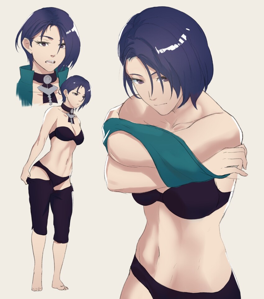 1girl barefoot black_bra black_panties black_pants blue_hair bra breasts choker cleavage fire_emblem fire_emblem:_three_houses full_body highres large_breasts medium_breasts multiple_views navel nintendo panties pants pomelomelon purple_eyes shamir_nevrand short_hair surprised underwear undressing