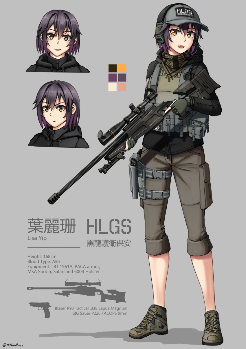 1girl :d baseball_cap black_hair black_jacket blaser_r93 bolt-action_rifle bolt_action brown_eyes brown_footwear brown_shorts color_guide commentary_request ear_protection english_text fang gloves gradient_hair green_gloves grey_background grey_headwear gun hair_between_eyes handgun hat headset highres holding holding_gun holding_weapon jacket long_sleeves looking_at_viewer military_program multicolored_hair multiple_views ndtwofives open_mouth original partially_fingerless_gloves precision_sniper_rifle_(military_program) prototype_design purple_hair rifle scope shoes shorts sig_p220/p226 smile sneakers sniper_rifle straight-pull_rifle straight_pull v-shaped_eyebrows weapon