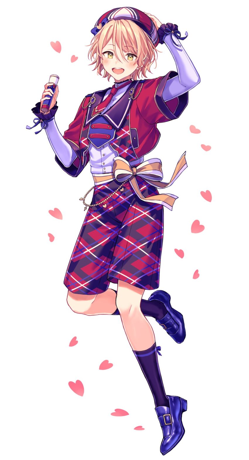 :d ankle_socks arm_up wallet_chain beret black_socks blonde_hair blue_shoes bow bow_legwear cropped_jacket dress_shirt ensemble_stars! facing_viewer frilled_sleeves frills full_body green_eyes hair_between_eyes hand_on_own_head hat hat_bow heart high_heels highres holding holding_microphone jacket knee_up lapels layered_clothes loafers long_sleeves looking_at_viewer lq_saku male_focus microphone multicolored_shorts necktie open_mouth orange_bow pumps red_jacket red_necktie ribbon shiratori_aira_(ensemble_stars!) shirt shirt_tucked_in shoes short-sleeved_jacket short_sleeves shorts simple_background smile socks solo striped_bow teeth tube_socks two-tone_bow upper_teeth_only waist_bow white_background white_bow white_shirt wrist_ribbon