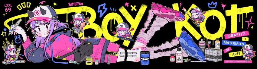 6+girls :d :o :p artist_name asymmetrical_footwear baseball_cap black_background blue_footwear bottle can chibi chibi_inset clone closed_eyes commentary cross crown_(symbol) demon_horns demon_wings english_commentary full_body hat highres holding holding_can holding_marker holding_paintbrush horns horns_through_headwear jacket kneehighs leg_up lightning_bolt_symbol long_hair loose_socks lying marker mismatched_footwear multiple_girls nemupan notice_lines on_stomach open_mouth original paint paint_can paint_on_clothes paint_tube paintbrush parted_lips pink_jacket pink_shoes pink_socks purple_eyes purple_hair rabbit_symbol shoes smile socks spanish_text sparkle spray_can star_(symbol) thigh_strap tongue tongue_out white_hat wings