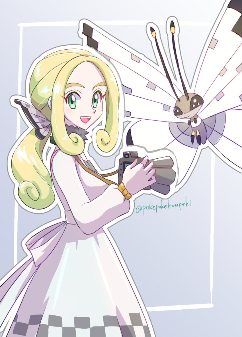 1girl :d blonde_hair camera coat from_side gen_6_pokemon green_eyes highres holding holding_camera long_hair long_sleeves looking_at_viewer nintendo official_alternate_costume official_alternate_hairstyle open_mouth outline pokemon pokemon_(creature) pokemon_masters_ex pokepokekonpeki smile teeth twitter_username upper_teeth_only viola_(holiday_2023)_(pokemon) viola_(pokemon) vivillon vivillon_(icy_snow) white_coat white_outline