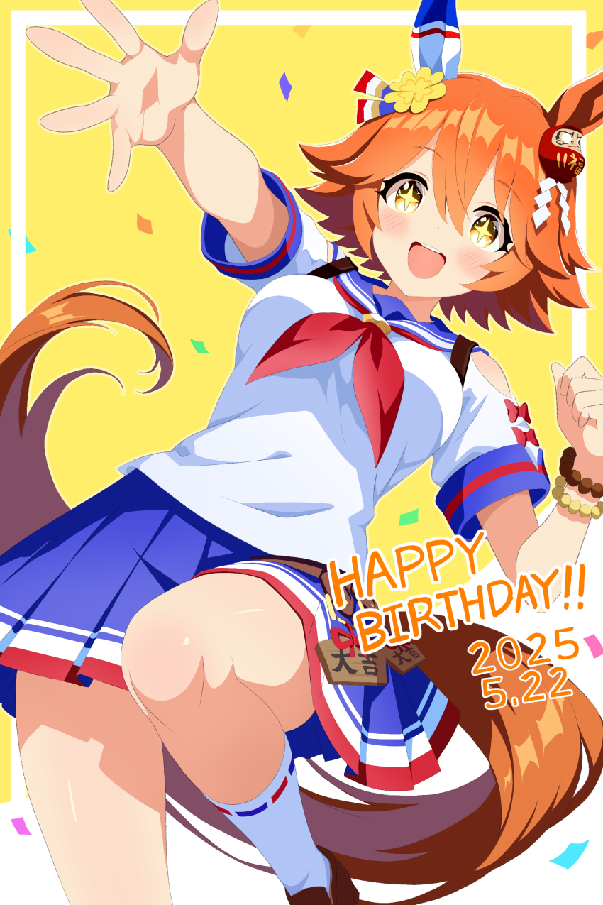 +_+ 1girl absurdres animal_ears backpack bag bare_shoulders belt bike_shorts bike_shorts_under_skirt birthday blue_skirt blush brown_shoes clenched_hand collarbone commentary_request confetti cowboy_shot crossed_arms dated ear_covers ema flipped_hair hair_between_eyes happy_birthday highres horse_ears horse_girl horse_tail jewelry looking_at_viewer maneki-neko matikanefukukitaru_(umamusume) midriff neckerchief open_mouth orange_hair pleated_skirt pout r1on_22 red_neckerchief school_uniform serafuku shoes simple_background single_ear_cover skirt smile solo standing standing_on_one_leg sweat tail thighhighs umamusume white_background white_thighhighs yellow_eyes